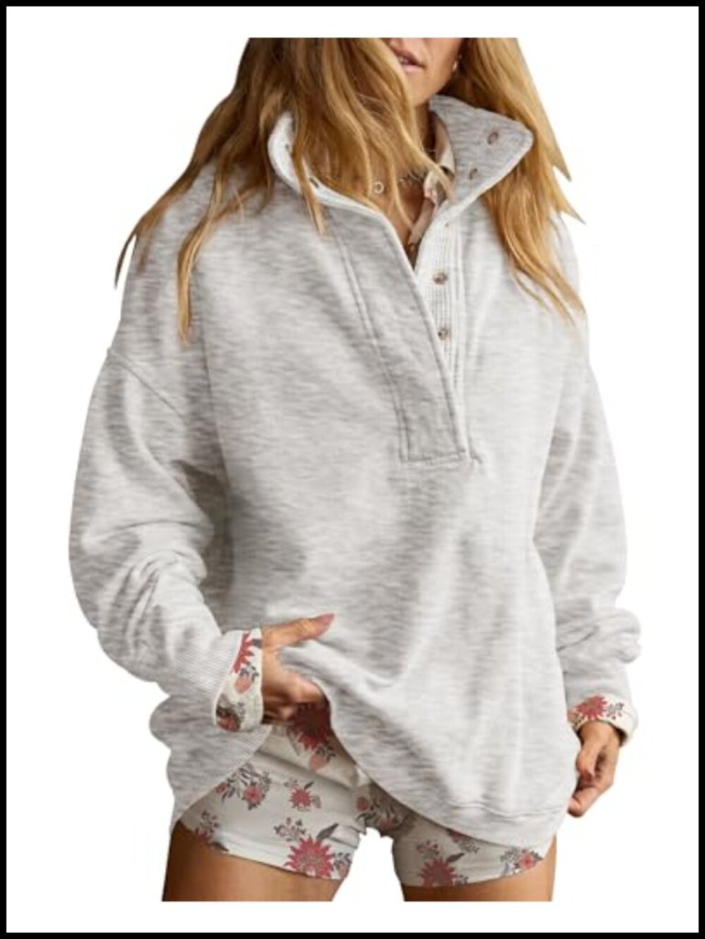 Oversized Henley Neck Pullover Sweatshirt Cotton Blend Snap Button Long Sleeve